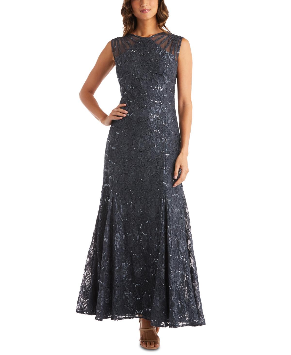 R  M Richards Illusion Shoulder High V-Neck Sleeveless Lace Sheath Gown Product Image