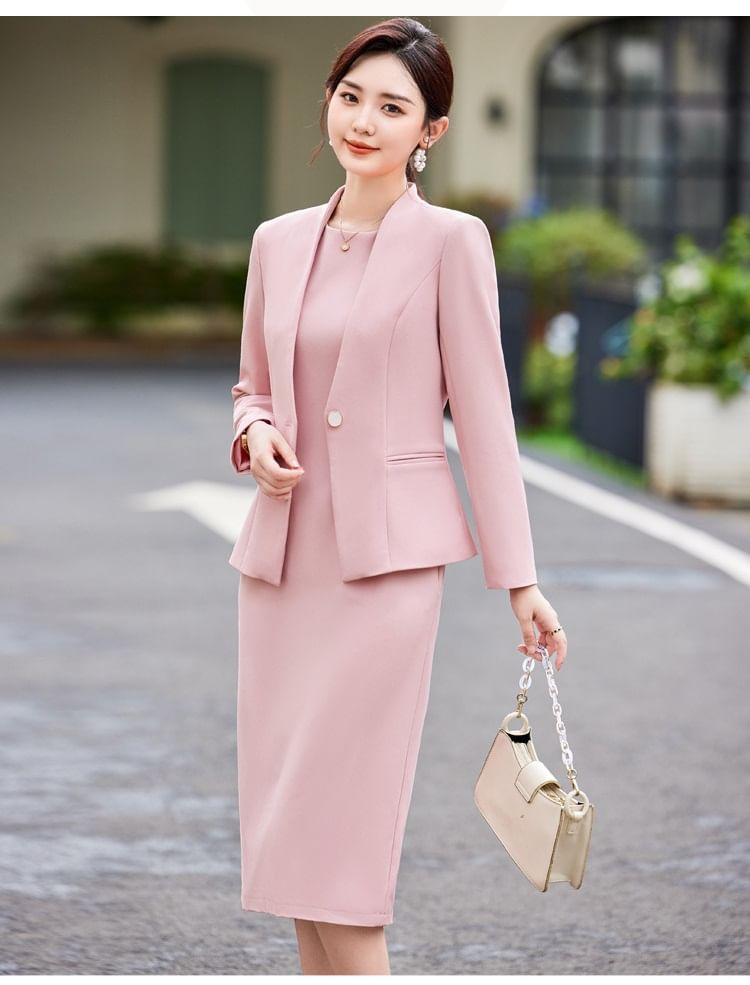 Collarless Plain Single Breasted Blazer / Sleeveless Crew Neck Plain Midi Sheath Dress Product Image