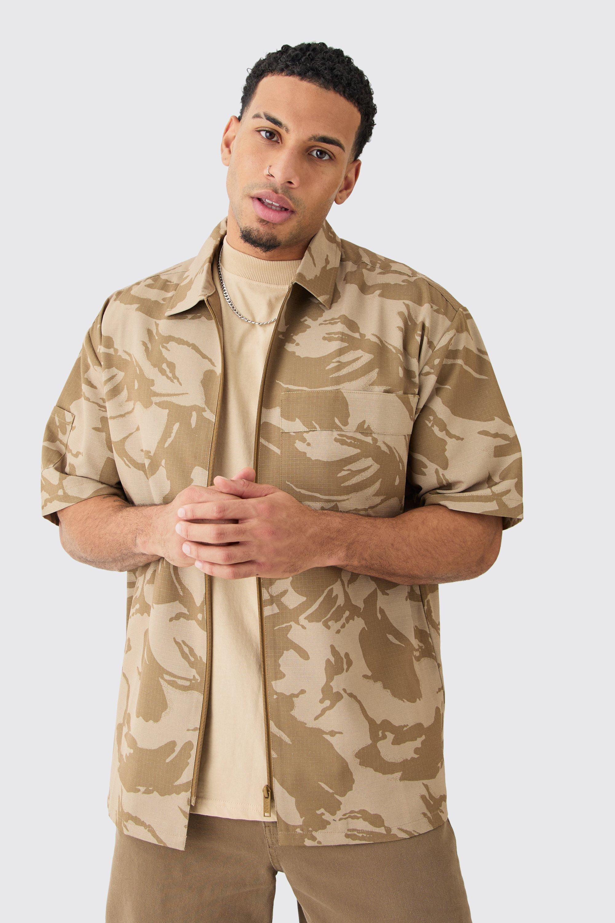 Oversized Boxy Ripstop Zip Through Camo Shirt | boohooMAN USA Product Image