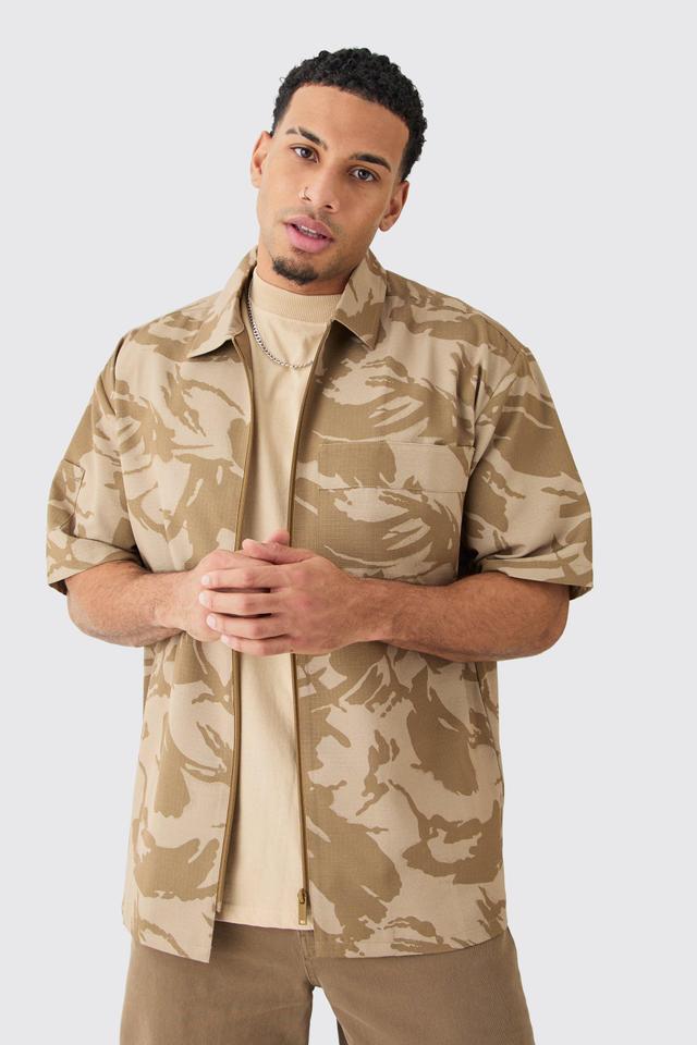 Oversized Boxy Ripstop Zip Through Camo Shirt | boohooMAN USA Product Image