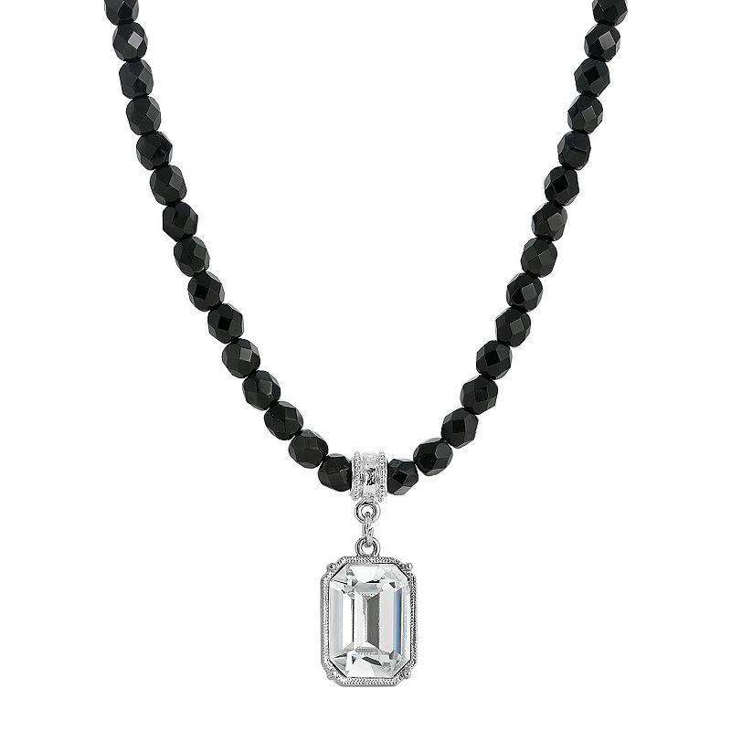 1928 Silver Tone Black Bead Crystal Pendant Necklace, Womens Product Image