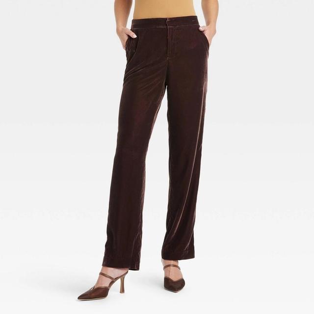 Womens High-Rise Straight Leg Velvet Trousers - A New Day Brown 6 Product Image