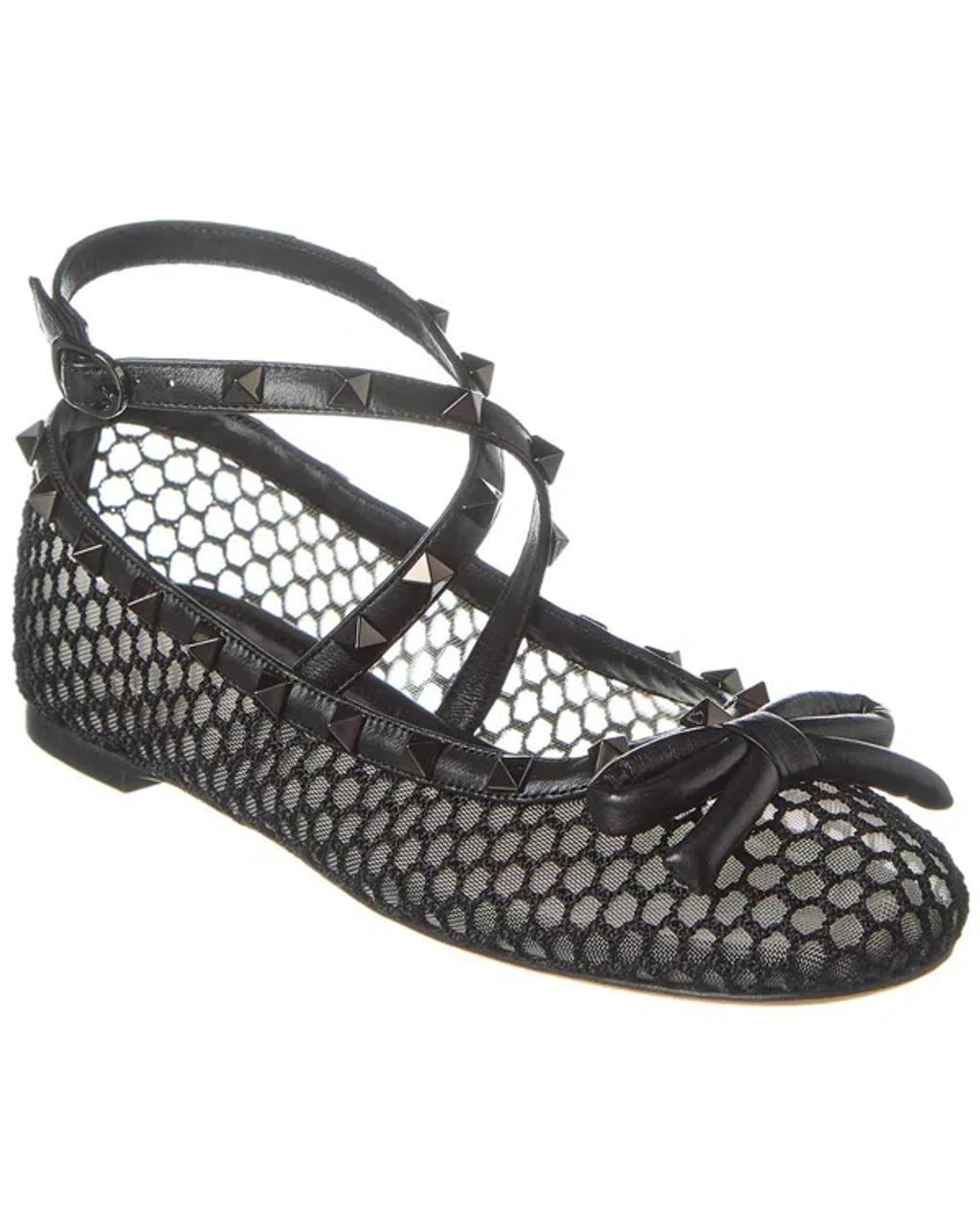 Valentino Rockstud Mesh & Leather Ankle Strap Ballerina Flat In Black product image