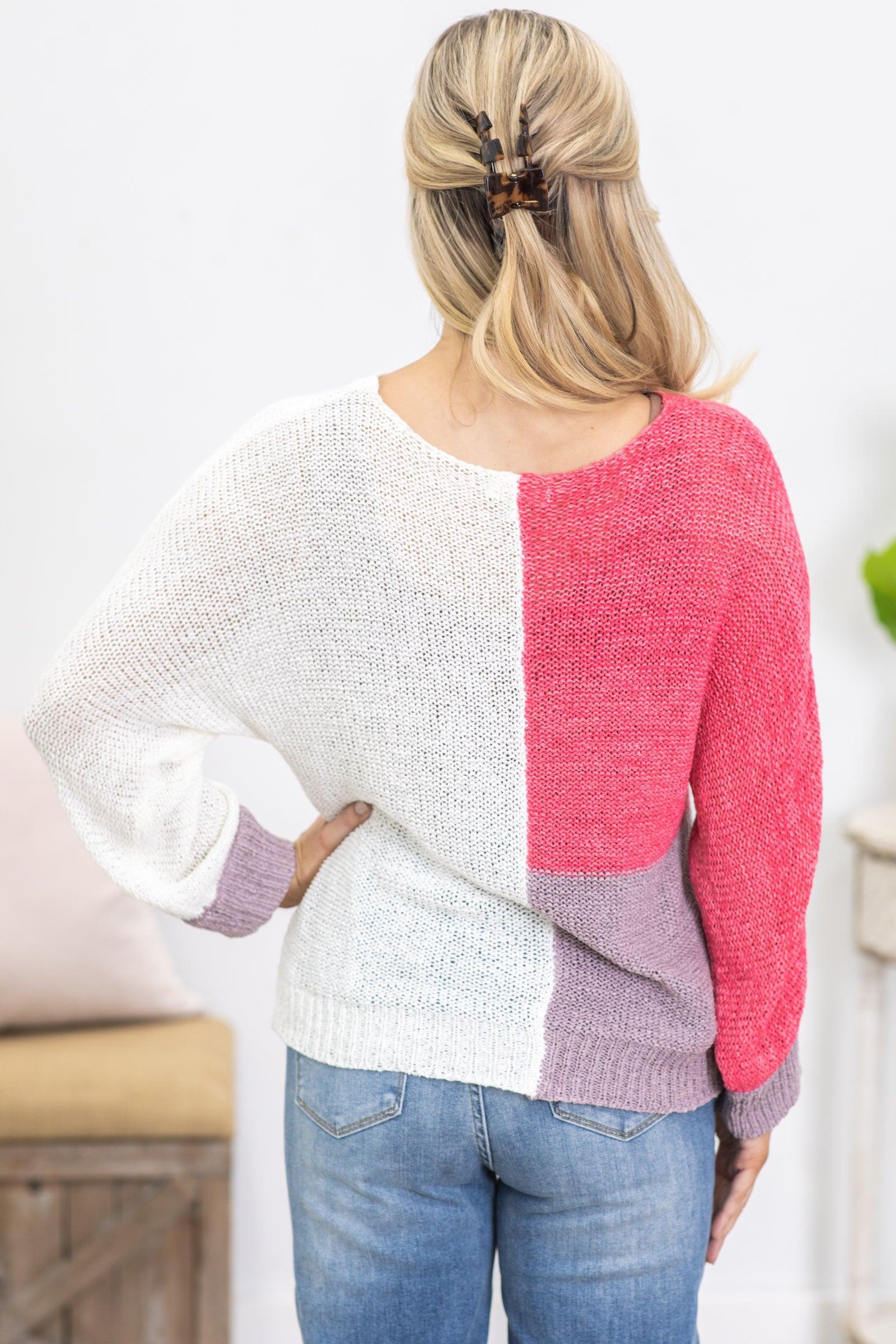 Raspberry Colorblock V-Neck Loose Knit Sweater Product Image