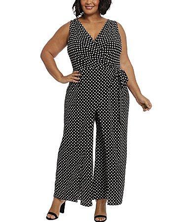 London Times Plus Size Sleeveless V-neckline Self Waist Tie Wide Leg Dot Printed Jumpsuit Product Image