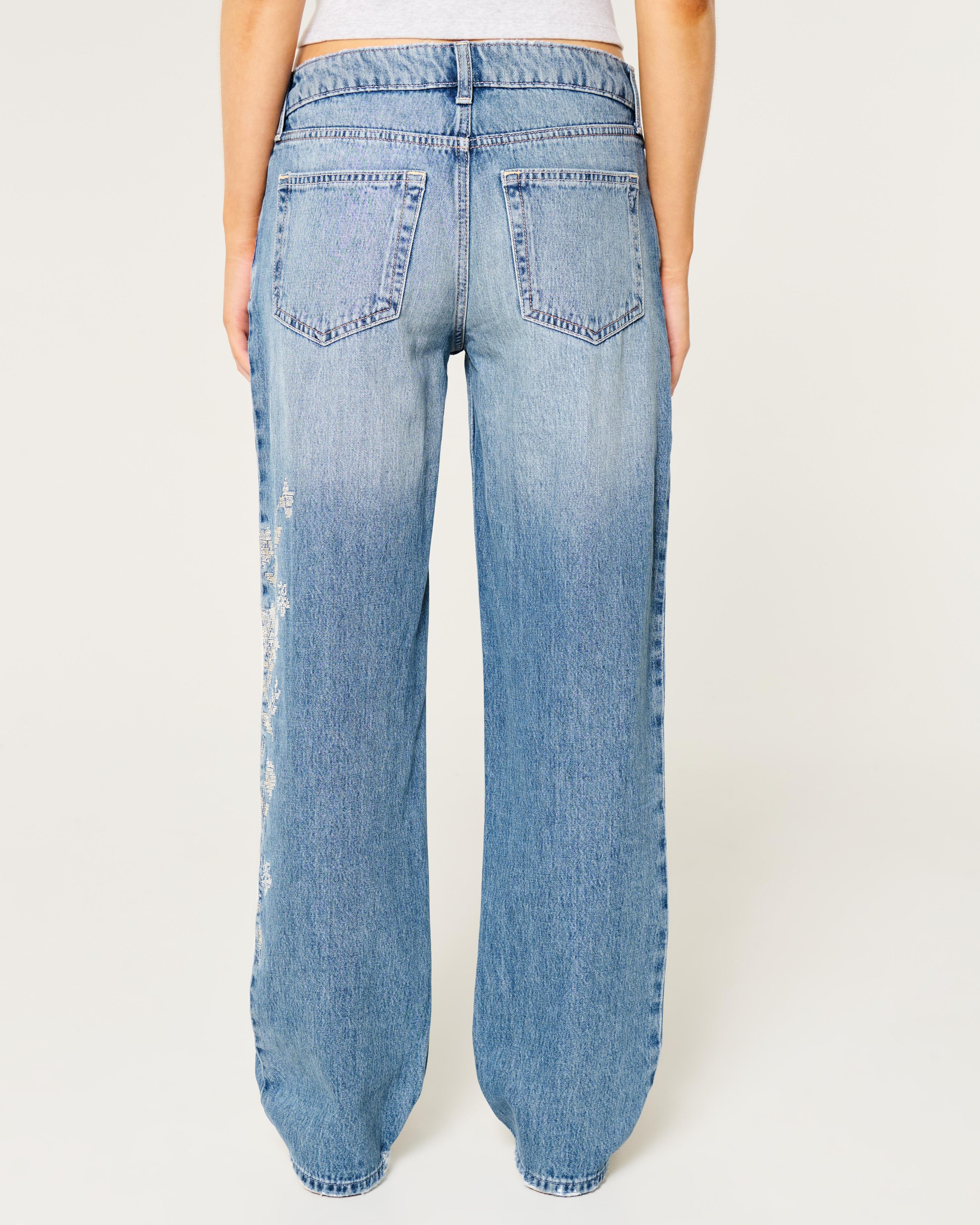 Low-Rise Medium Wash Embroidered Slouchy Straight Jeans Product Image