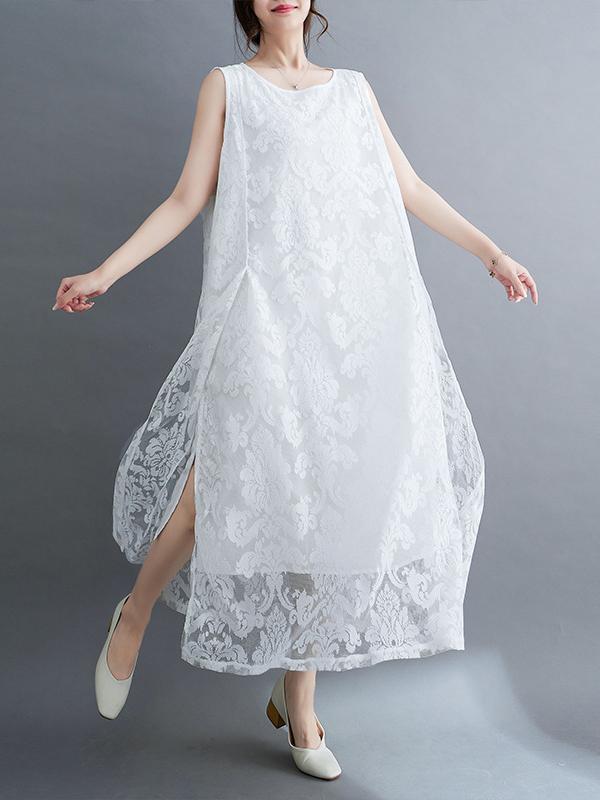 A-Line Loose Lacy See-Through Solid Color Split-Side Round-Neck Midi Dresses Product Image