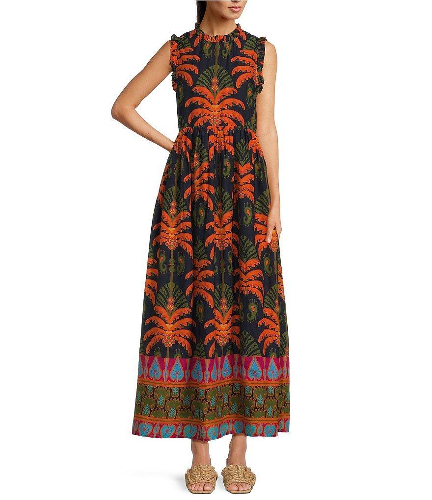 Jude Connally Constance Cotton Voile Decorative Frond Navy Print Ruffle Mock Neck Sleeveless A-Line Maxi Dress Product Image