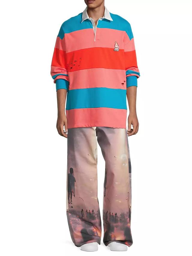 Distressed Long-Sleeve Stripe Polo Shirt Product Image