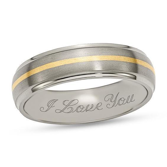 Men's 6.0mm Engravable Brushed Stepped Edge Wedding Band in Titanium with 14K Gold Inlay (1 Line) Product Image