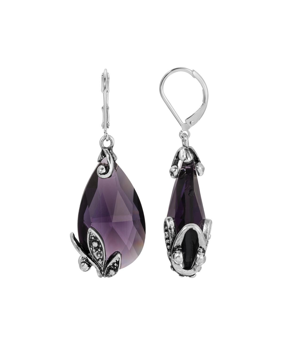 1928 Silver Tone Glass Crystal Teardrop Leverback Earrings, Womens, Purple Product Image