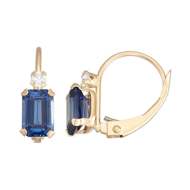 Designs by Gioelli 10k Gold Emerald-Cut Lab-Created Sapphire & White Zircon Leverback Earrings, Womens, Blue Product Image