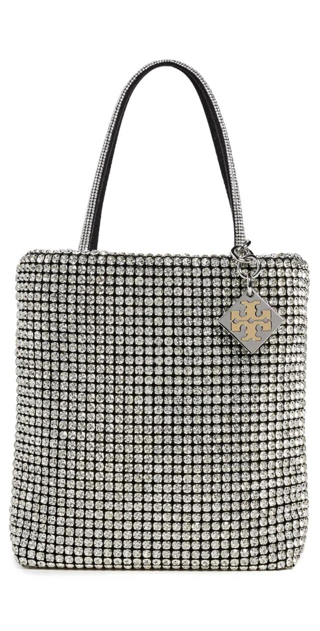 TORY BURCH Night Owl Crystal Embellished Mini Tote Silver In Black Product Image