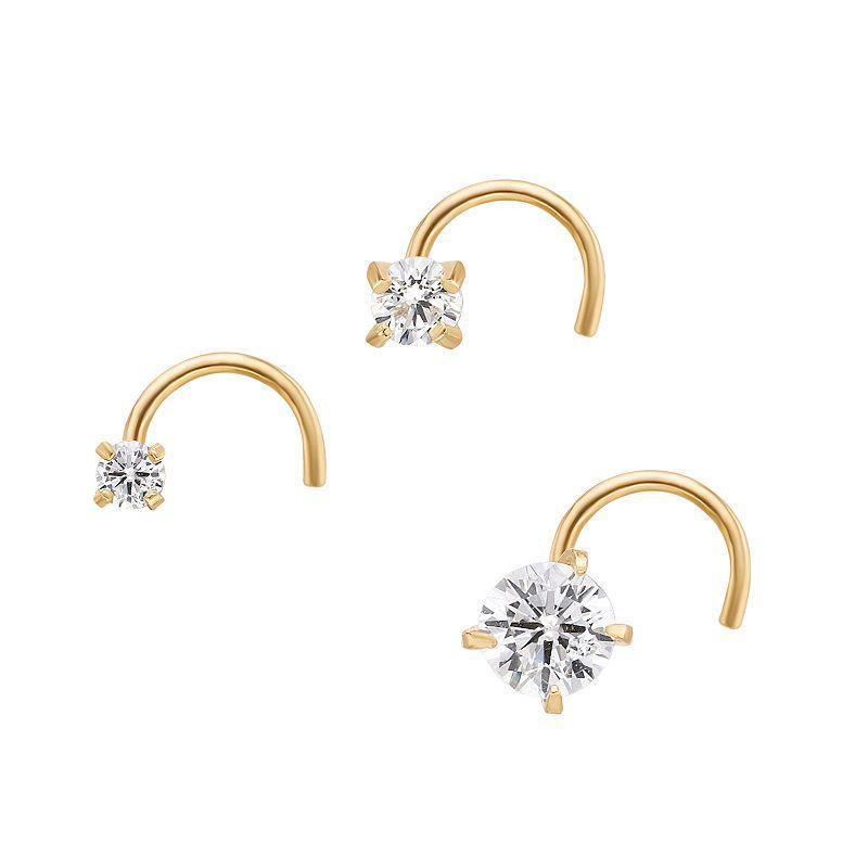 Lila Moon 14k Gold 3-Pair Cubic Zirconia Screw Post Nose Stud Set, Womens, White Product Image