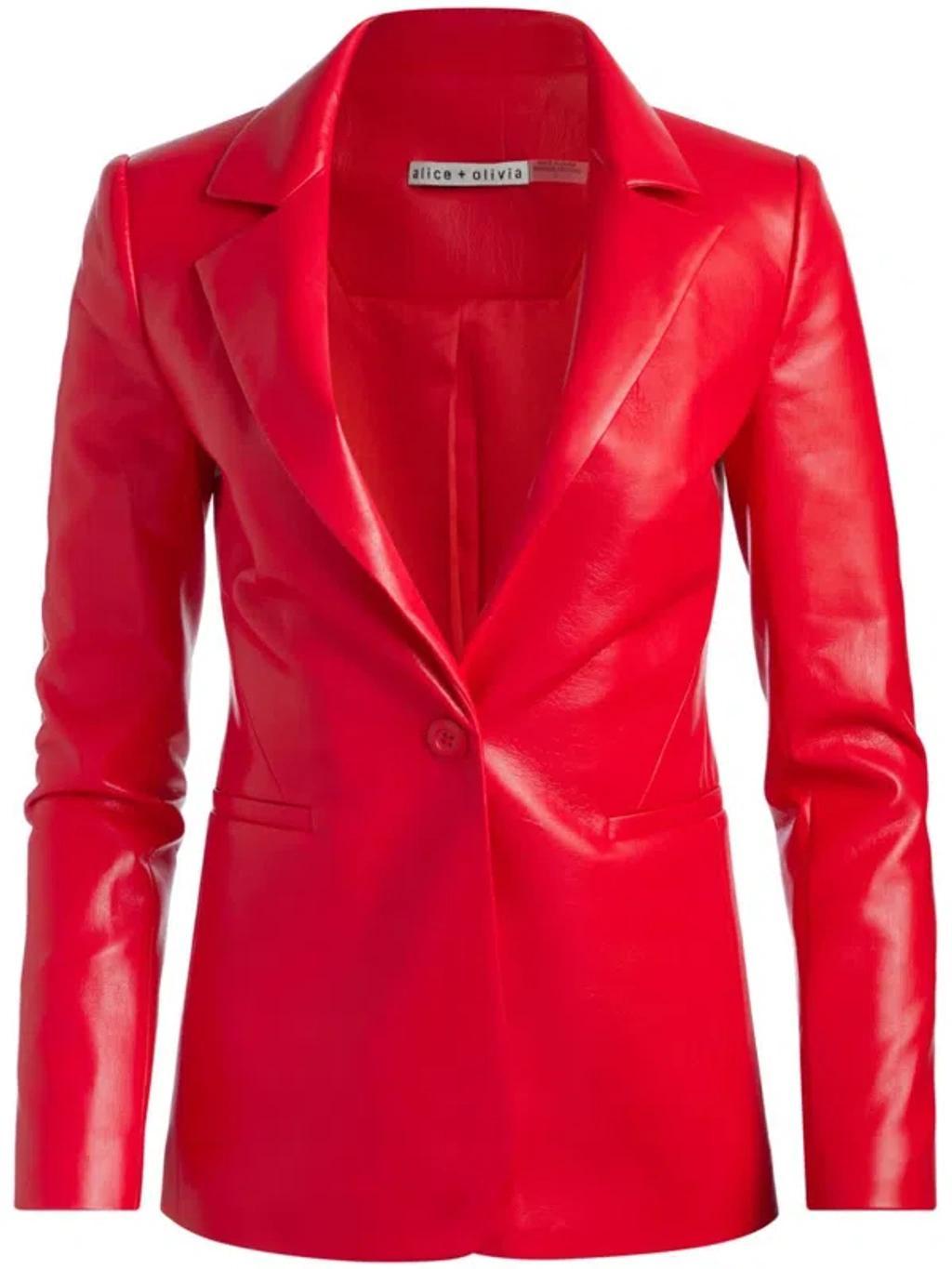 ALICE AND OLIVIA Macey Fitted Vegan Leather Blazer In Bright Ruby Product Image