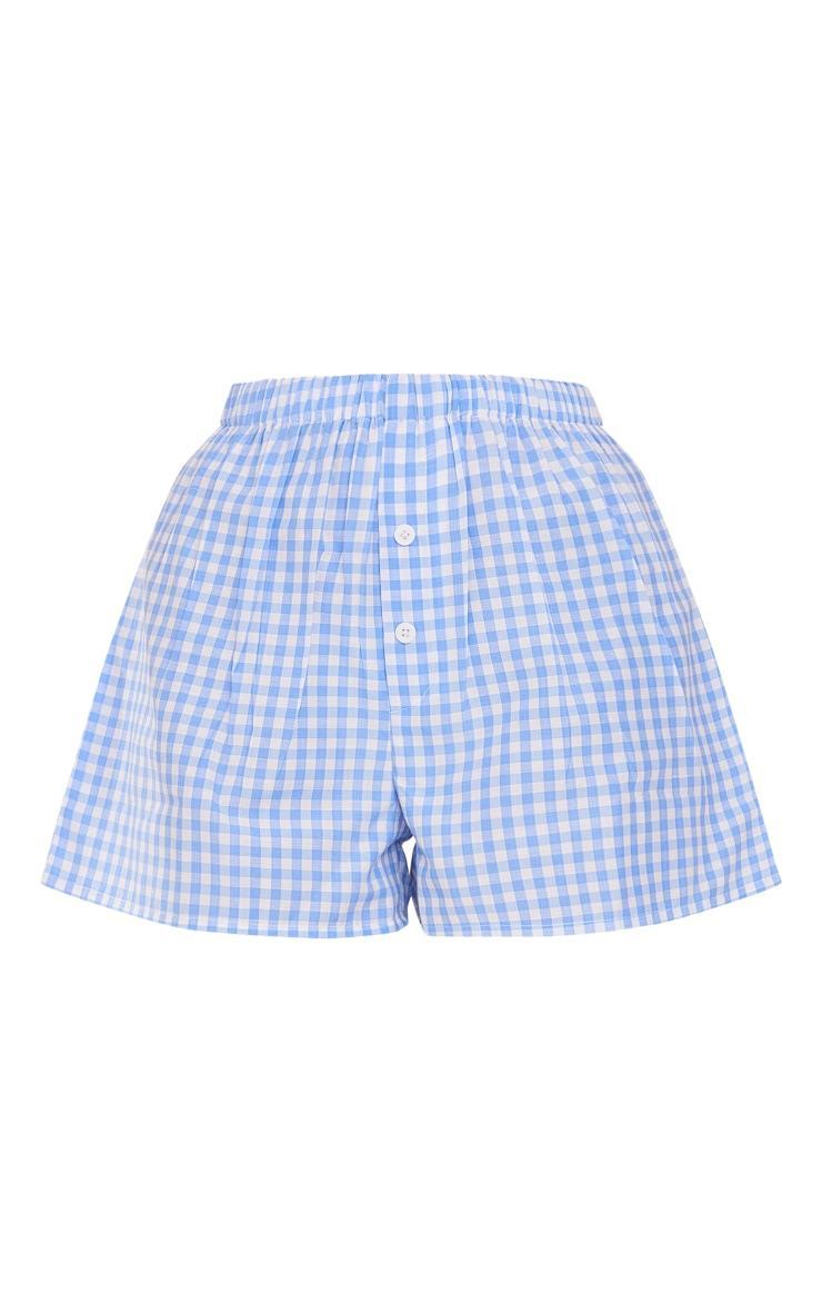 Blue Check Printed Button Front Cotton Poplin Shorts Product Image