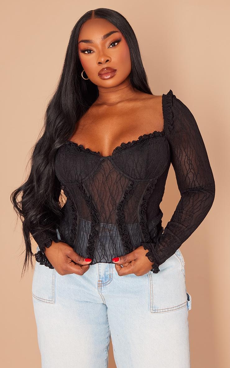 Plus Black Mesh Ruffle Detail Long Sleeve Top Product Image