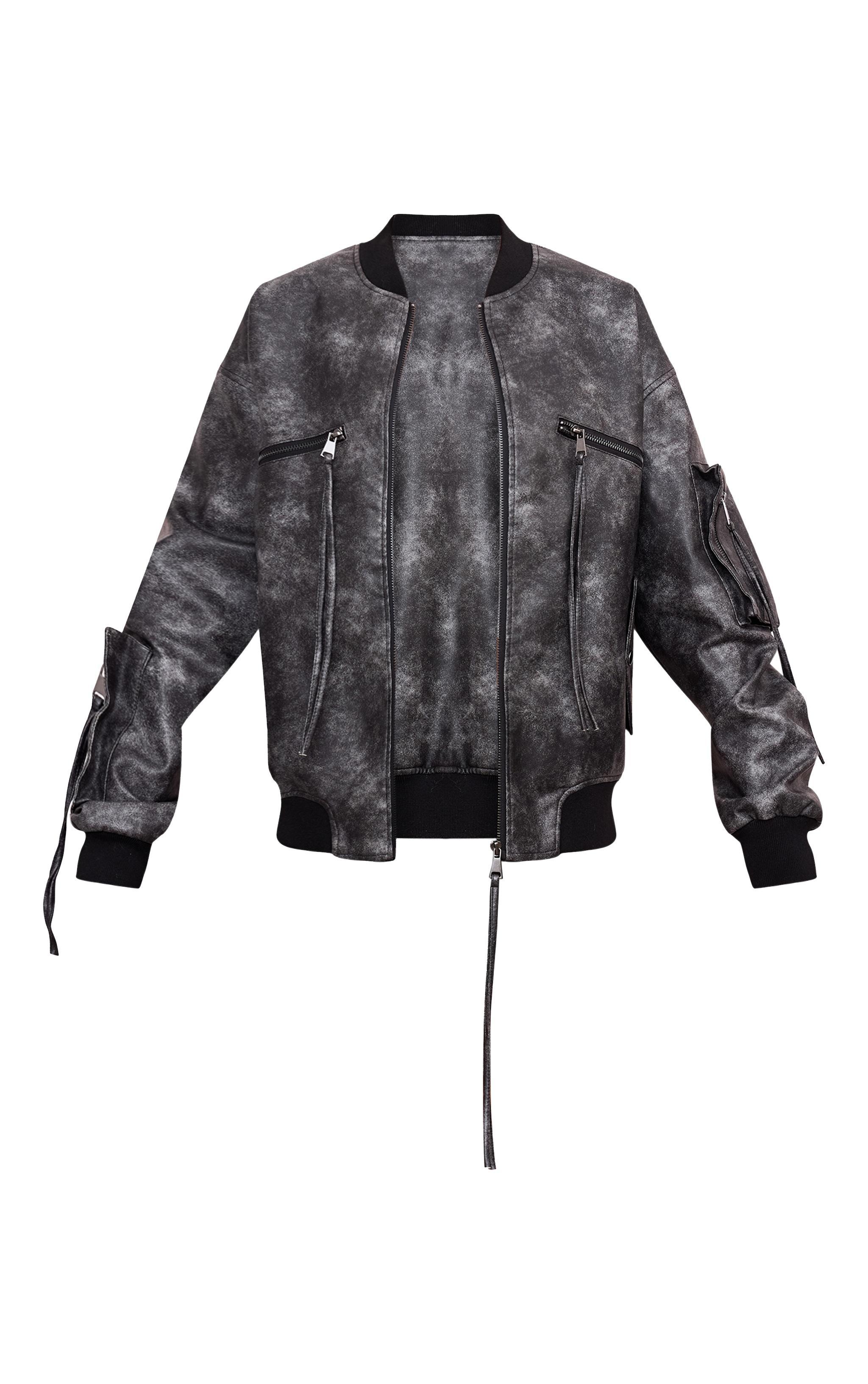 Charcoal Extreme Distressed Faux Leather Bomber Jacket Product Image