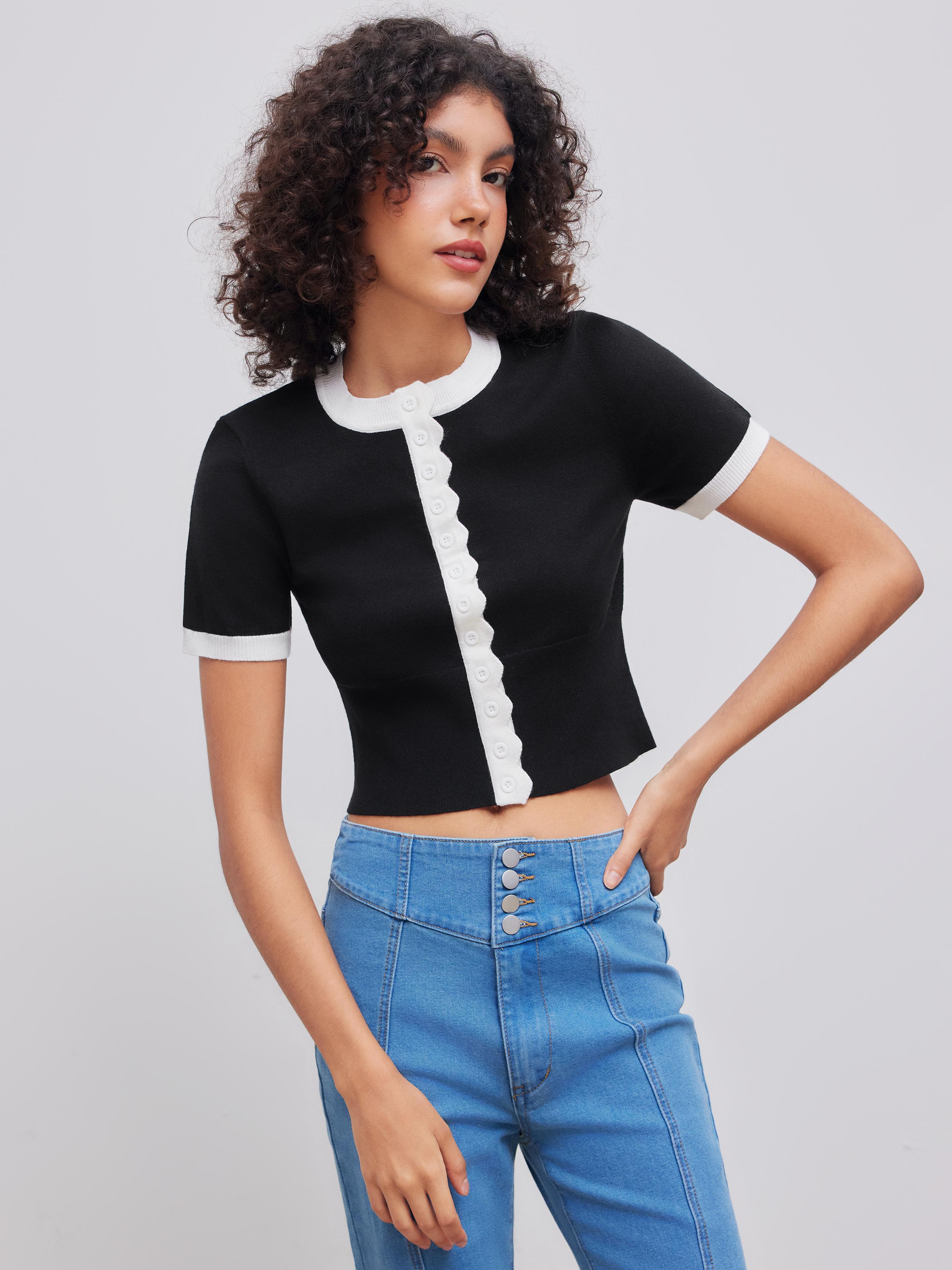 Knitted Round Neckline Solid Contrasting Binding Short Sleeve Top Product Image