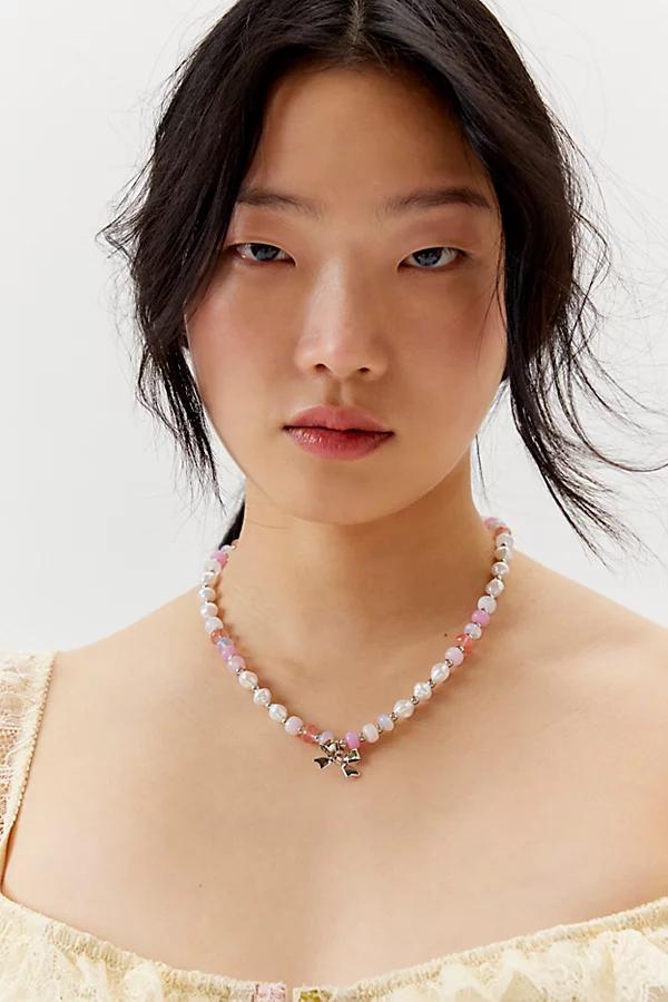 Pearl Beaded Bow Charm Necklace Womens at Urban Outfitters Product Image