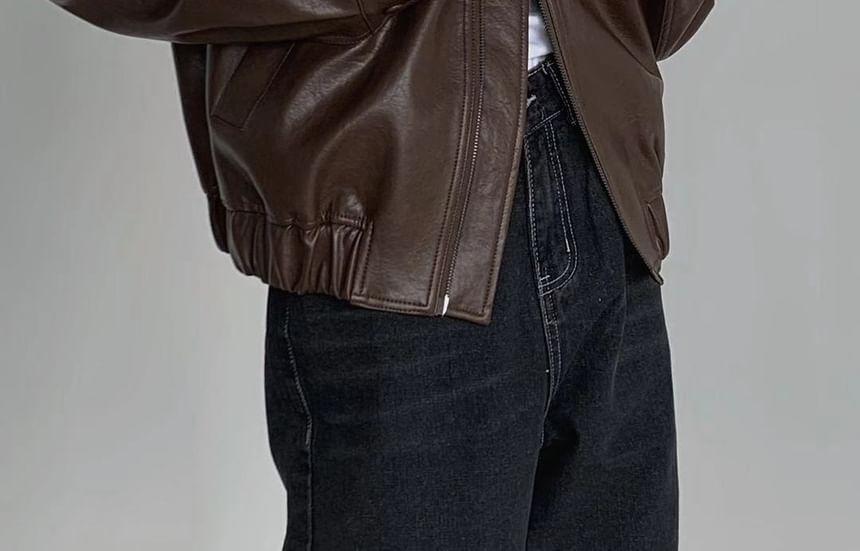 Collared Plain Zip-Up Faux Leather Jacket Product Image