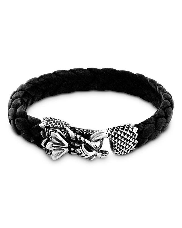 King Baby Studio Mens Sterling Silver Dragon Head Clasp Woven Leather Bracelet Product Image