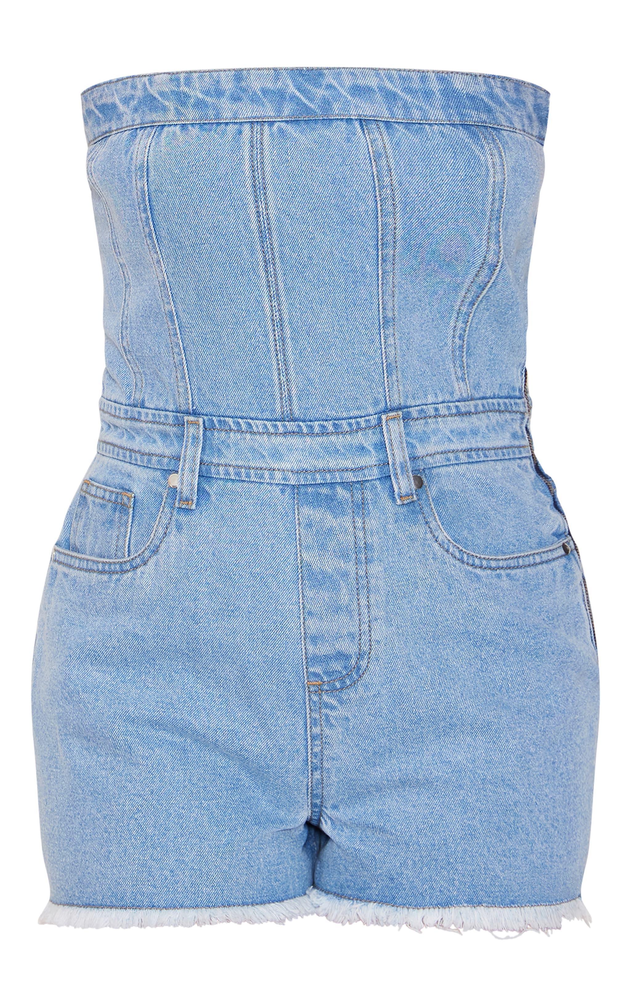 Light Blue Bandeau Raw Edge Denim Romper Product Image