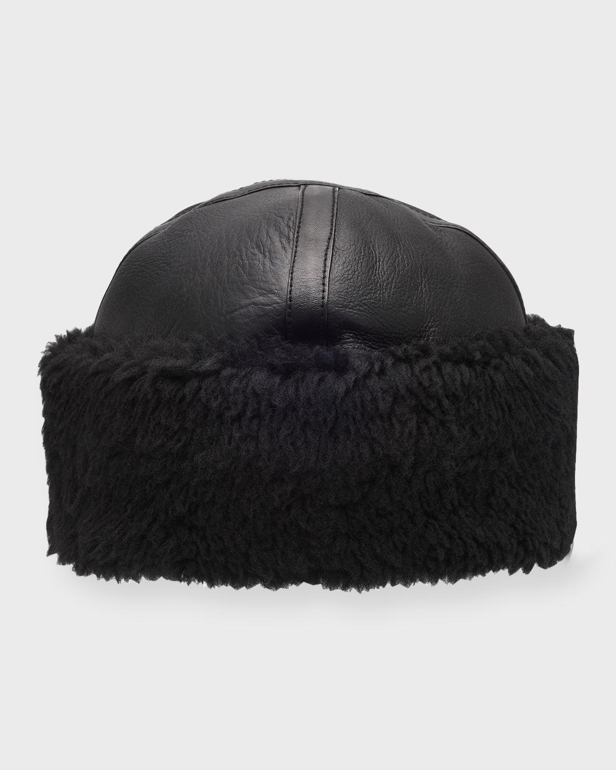 Leather Shearling Cuff Beanie Product Image