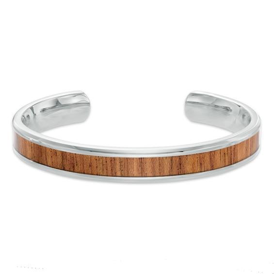 Men's Light Wood Inlay Cuff Bracelet in Stainless Steel - 8.5" Product Image