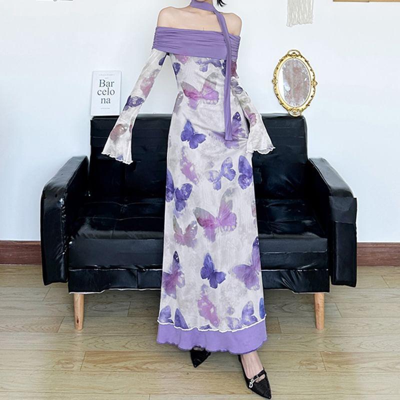 Bell Sleeve Off-Shoulder Butterfly Print Mesh Panel Maxi Bodycon Dress Product Image