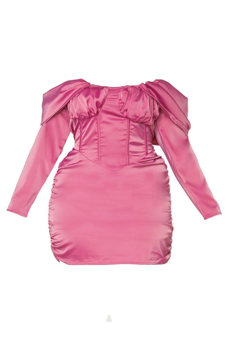 Plus Pink Satin Drape Bardot Sleeve Ruched Back Bodycon Dress Product Image