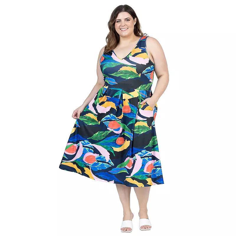 Plus Size 24Seven Comfort Midi Length Multicolor Sleeveless Pleated Pocket Dress, Womens Blue Team Product Image