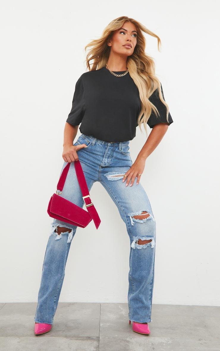 PRETTYLITTLETHING Mid Blue Wash Ripped Long Leg Straight Jeans Product Image