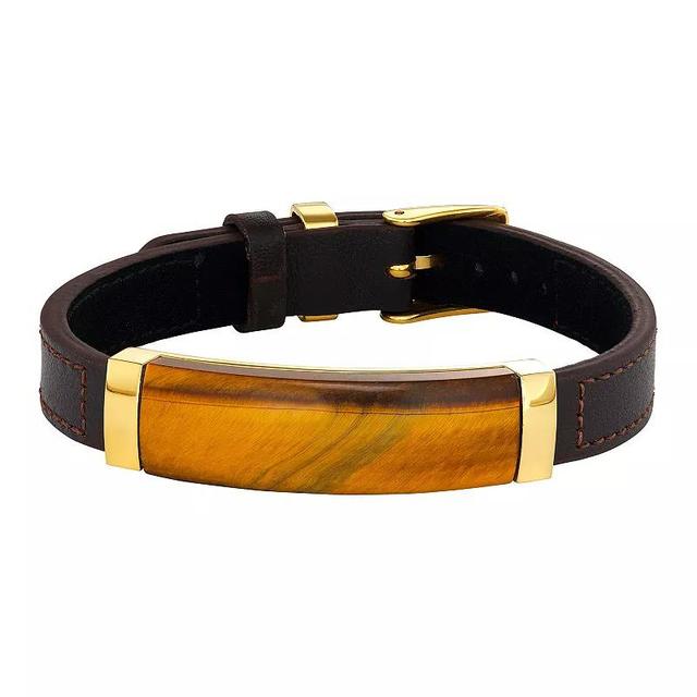 Mens Stainless Steel Tigers Eye Genuine Brown Leather Bracelet Gold Tone Product Image