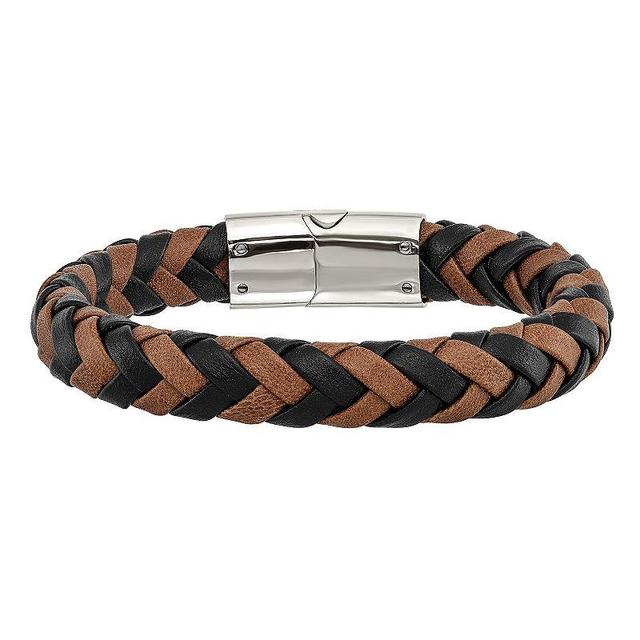 Mens Braided Black & Brown Leather Bracelet Stainless Product Image