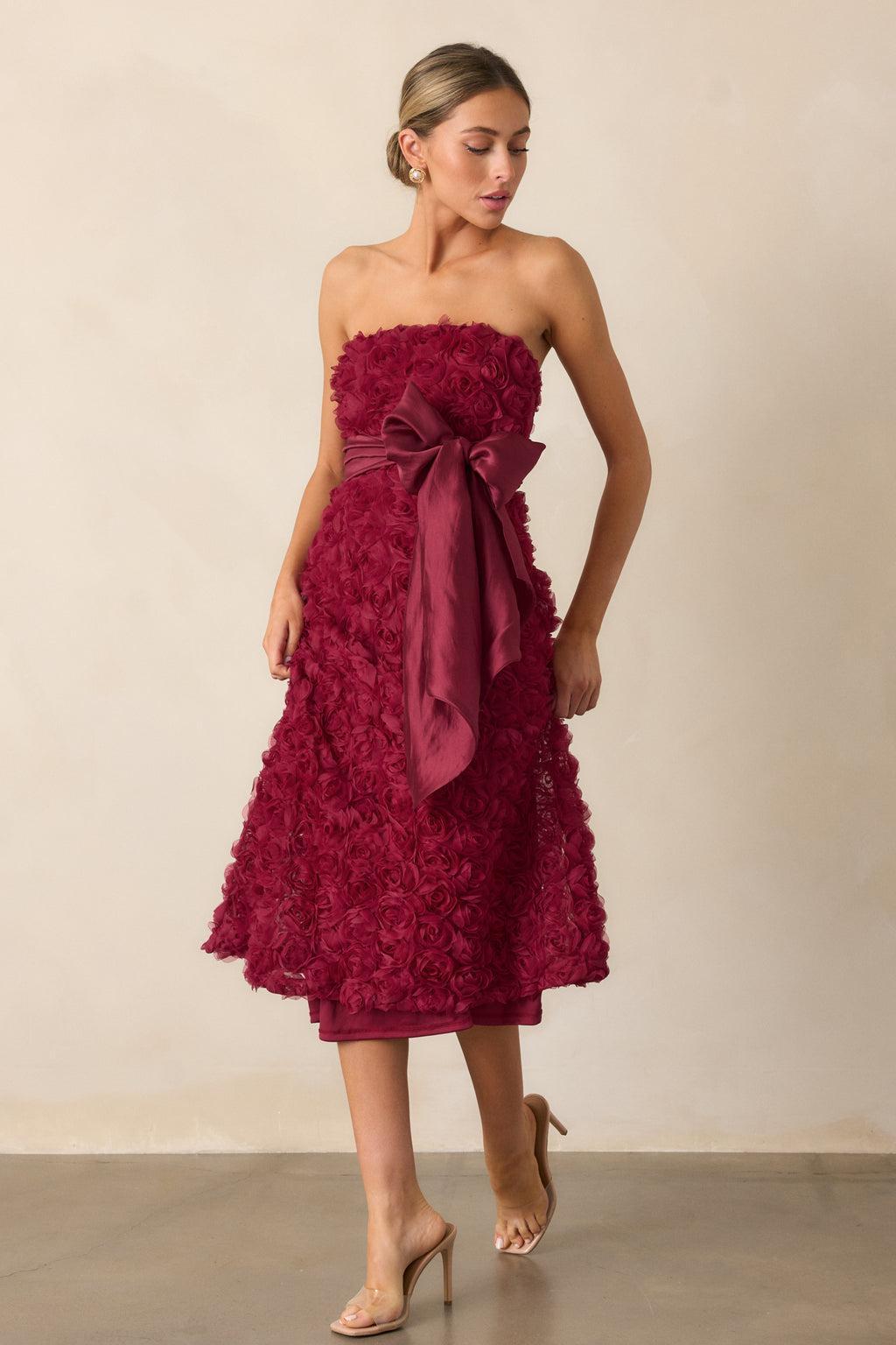 Raising The Bar Wine Floral Applique Midi Dress Product Image