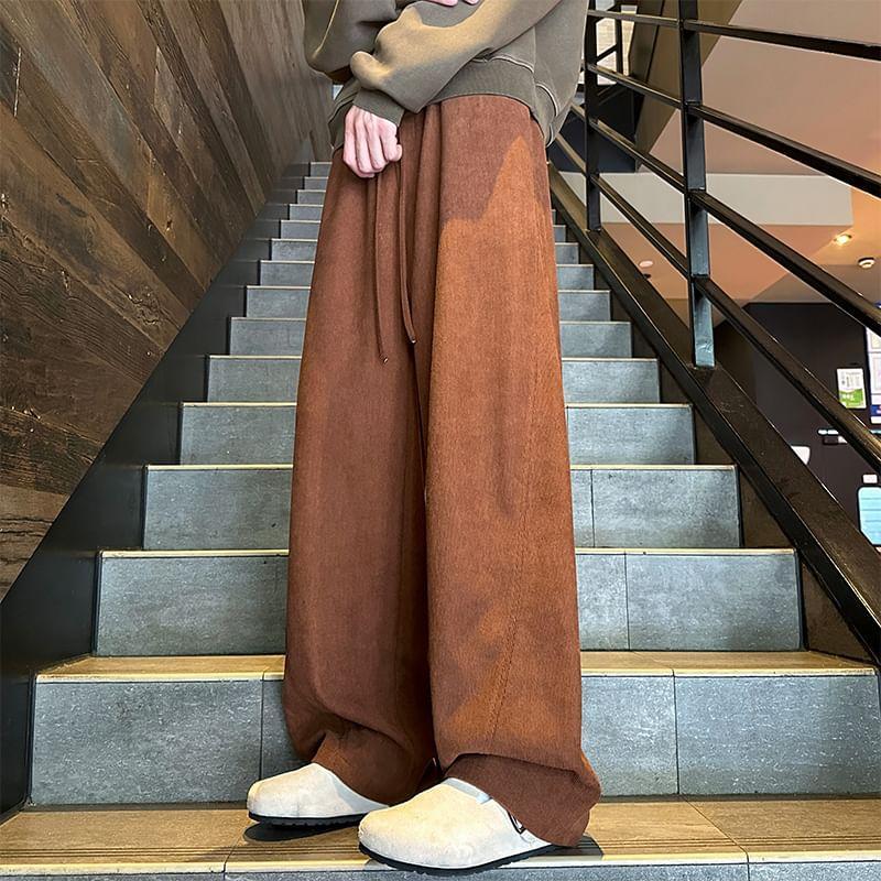 Drawstring Waist Plain Corduroy Wide Leg Pants Product Image