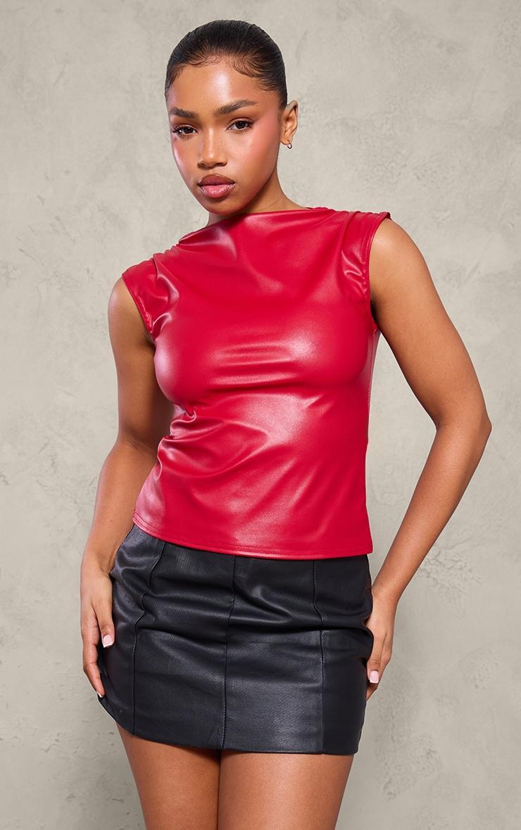 Cherry Red Faux Leather Ruched Shoulder Top Product Image