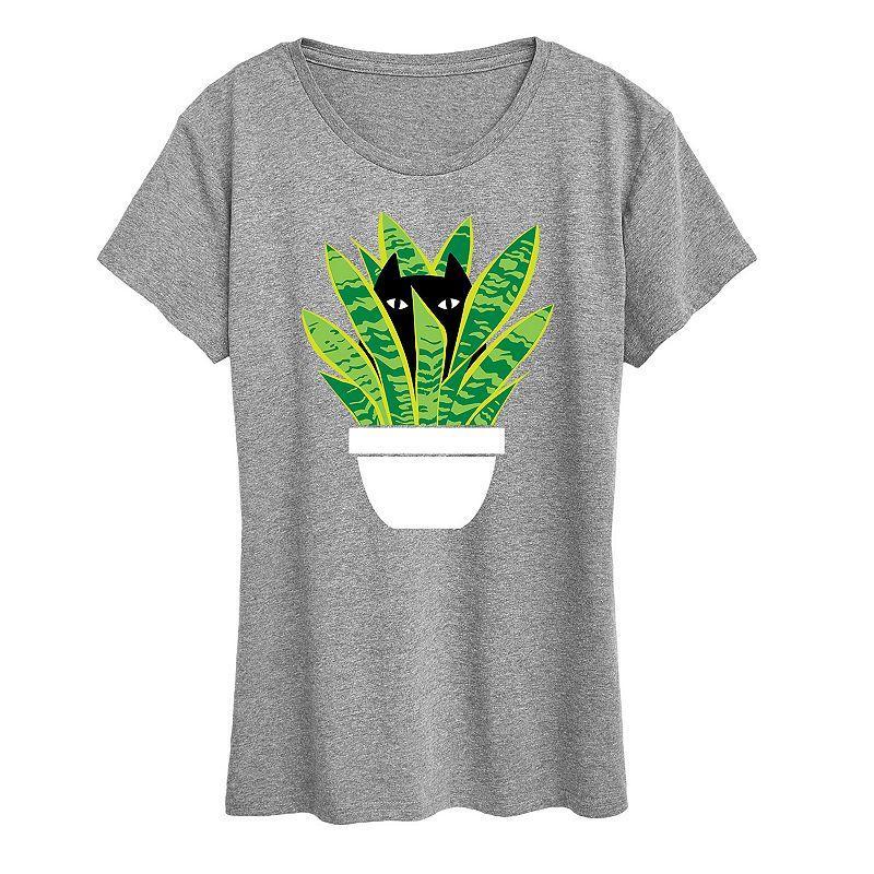 Womens Cat In Potted Plant Graphic Tee Grey Gray Product Image