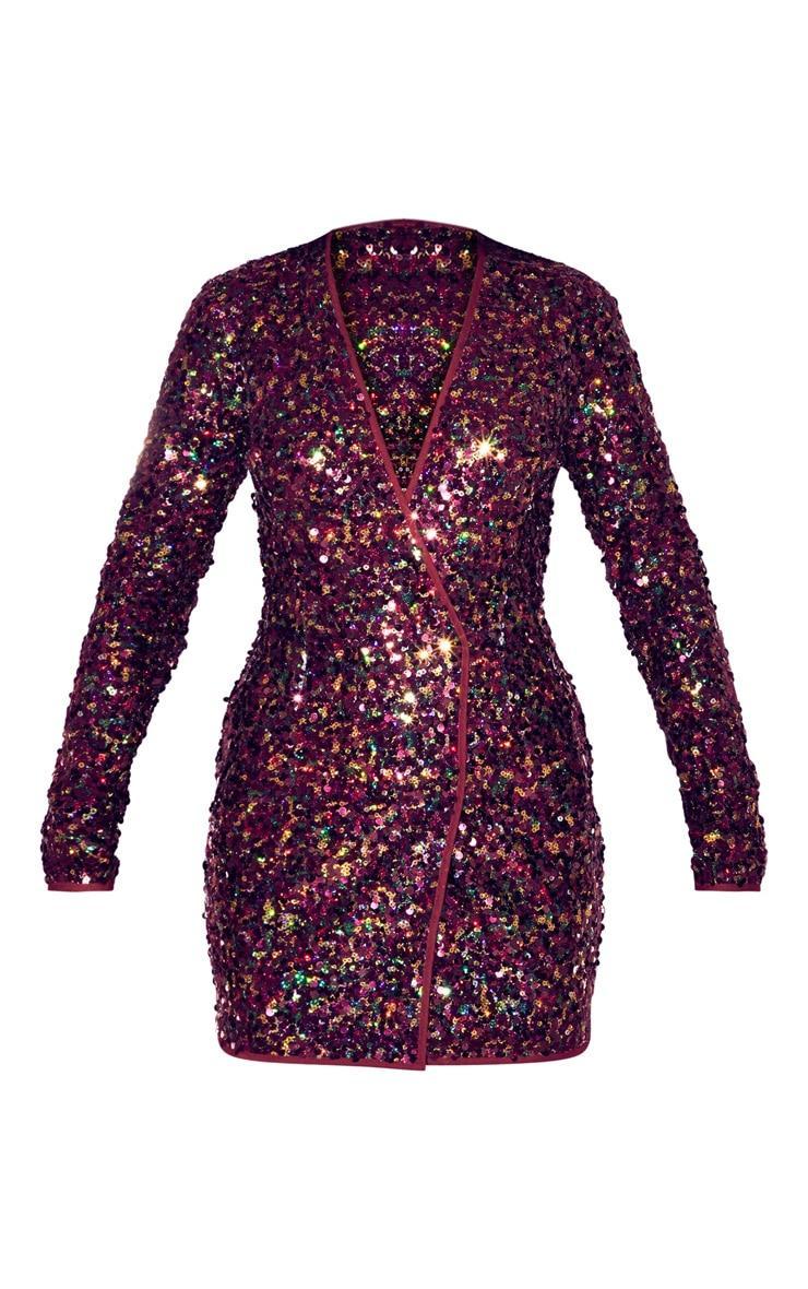 Burgundy Sequin Long Sleeve Blazer Dress Product Image