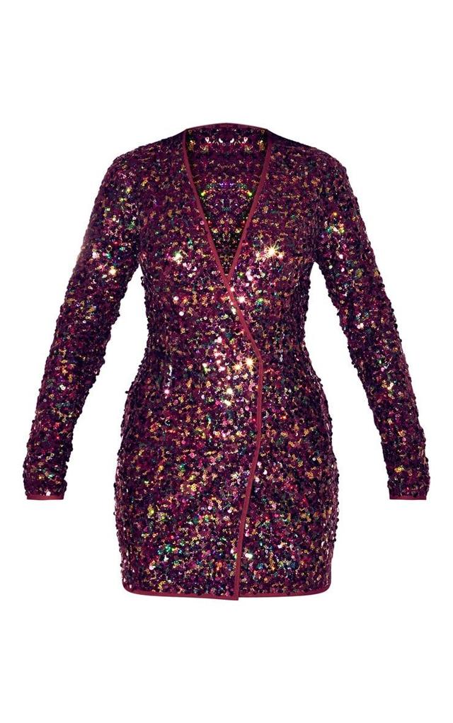 Burgundy Sequin Long Sleeve Blazer Dress Product Image