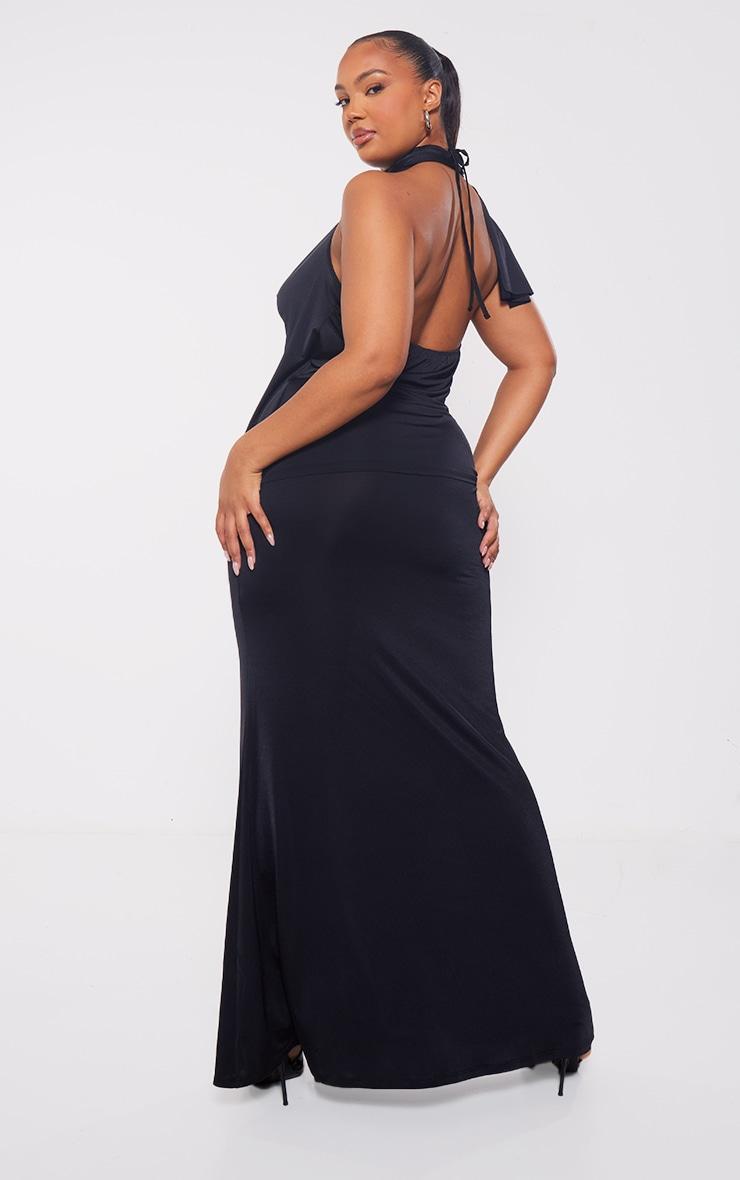 Plus Black Halterneck Knot Front Detail Slinky Maxi Dress Product Image