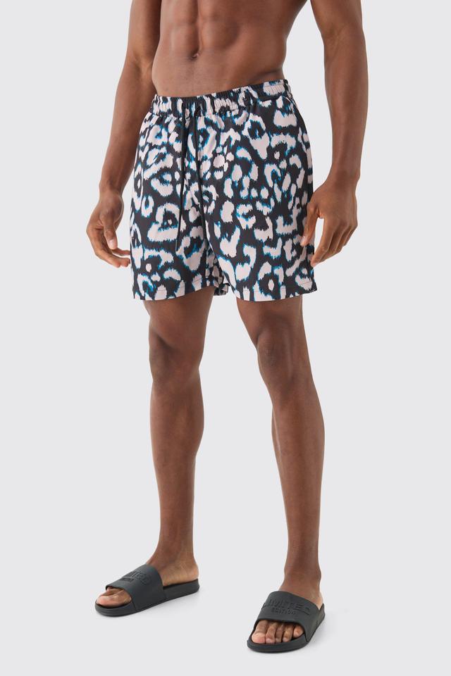 Mid Length Leopard Swim Trunks | boohooMAN USA Product Image