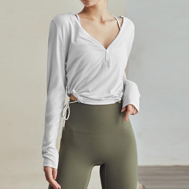 Long-Sleeve V-Neck Plain Crop Sports Top Product Image