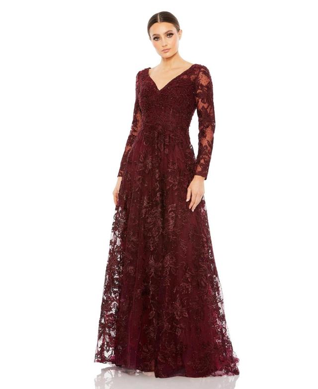 Mac Duggal Beaded Floral Embroidered Long Sleeve A-Line Gown Product Image