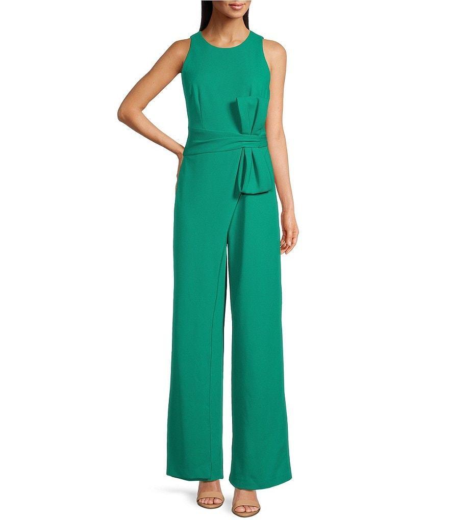 Adrianna Papell Stretch Crepe Crew Neck Sleeveless Bow Waist Wide Leg Jumpsuit Product Image