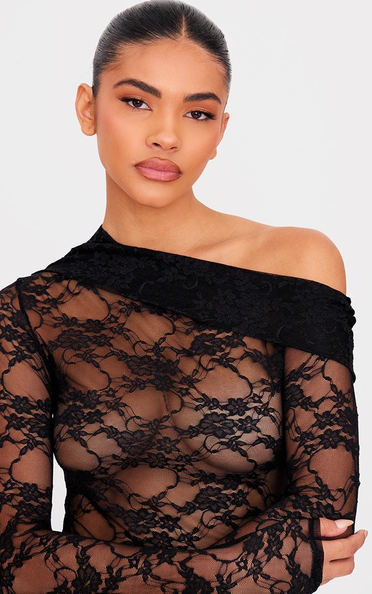 Black Asymmetric Lace Detail Long Sleeve Top Product Image