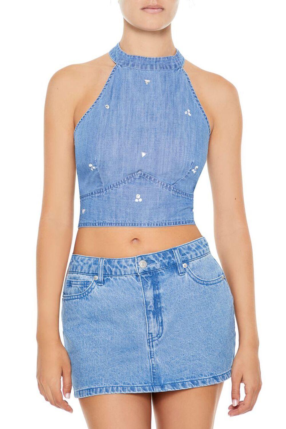 Rhinestone Denim Crop Top | Forever 21 Product Image