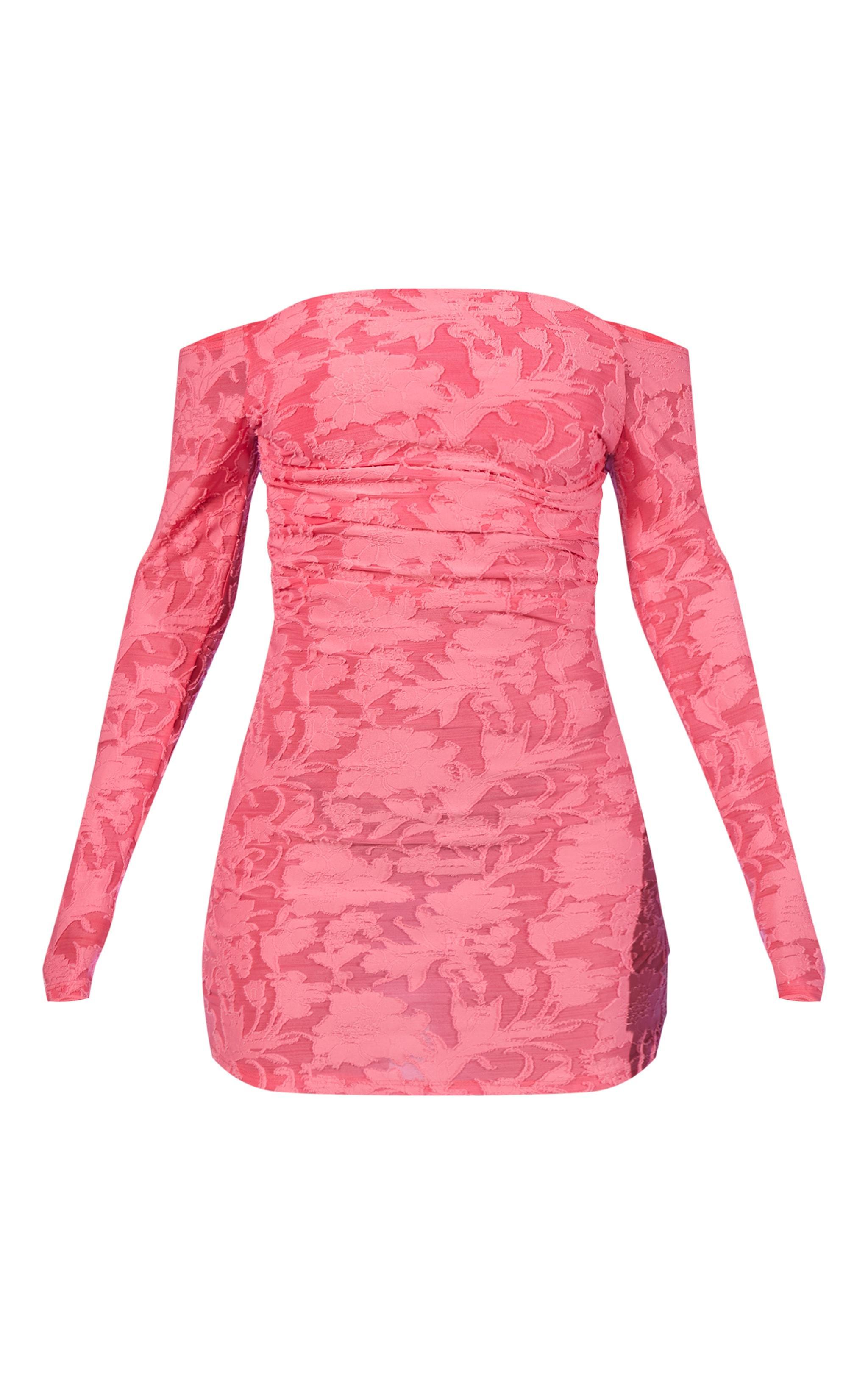 Hot Pink Floral Sheer Burnout Bardot Bodycon Dress Product Image