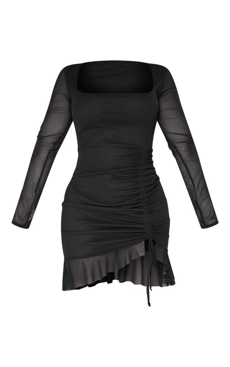 Shape Black Mesh Long Sleeve Ruched Side Frill Hem Bodycon Dress Product Image